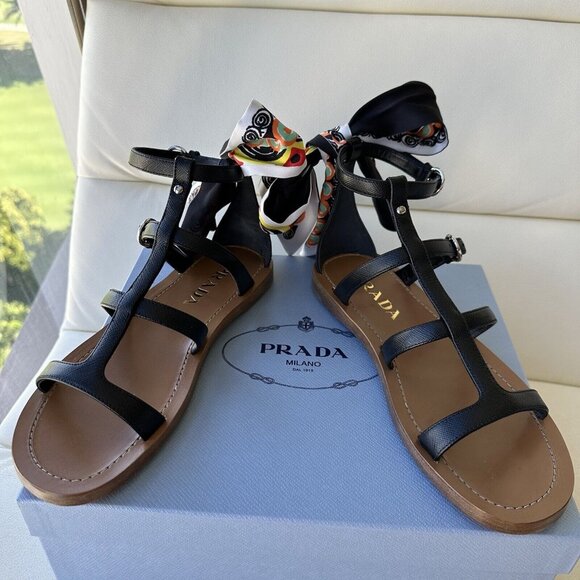 NEW PRADA SANDALS BLACK LEATHER GLADIATOR SILK BOWS 38.5 - Picture 5 of 7